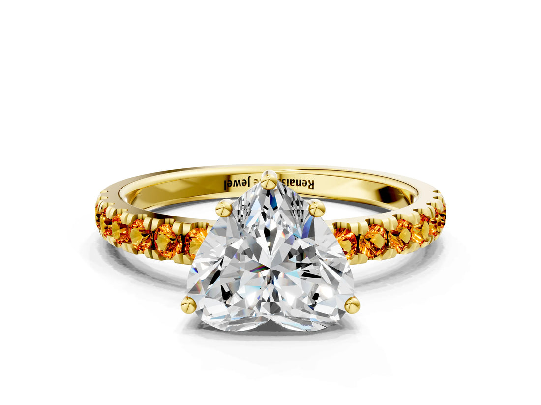Yellow gold Heart Cut Diamond Pave Band Solitaire Ring with Round with Citrine side stone and Prong Setting