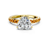 Yellow gold Heart Cut Diamond Pave Band Solitaire Ring with Round with Citrine side stone and Prong Setting
