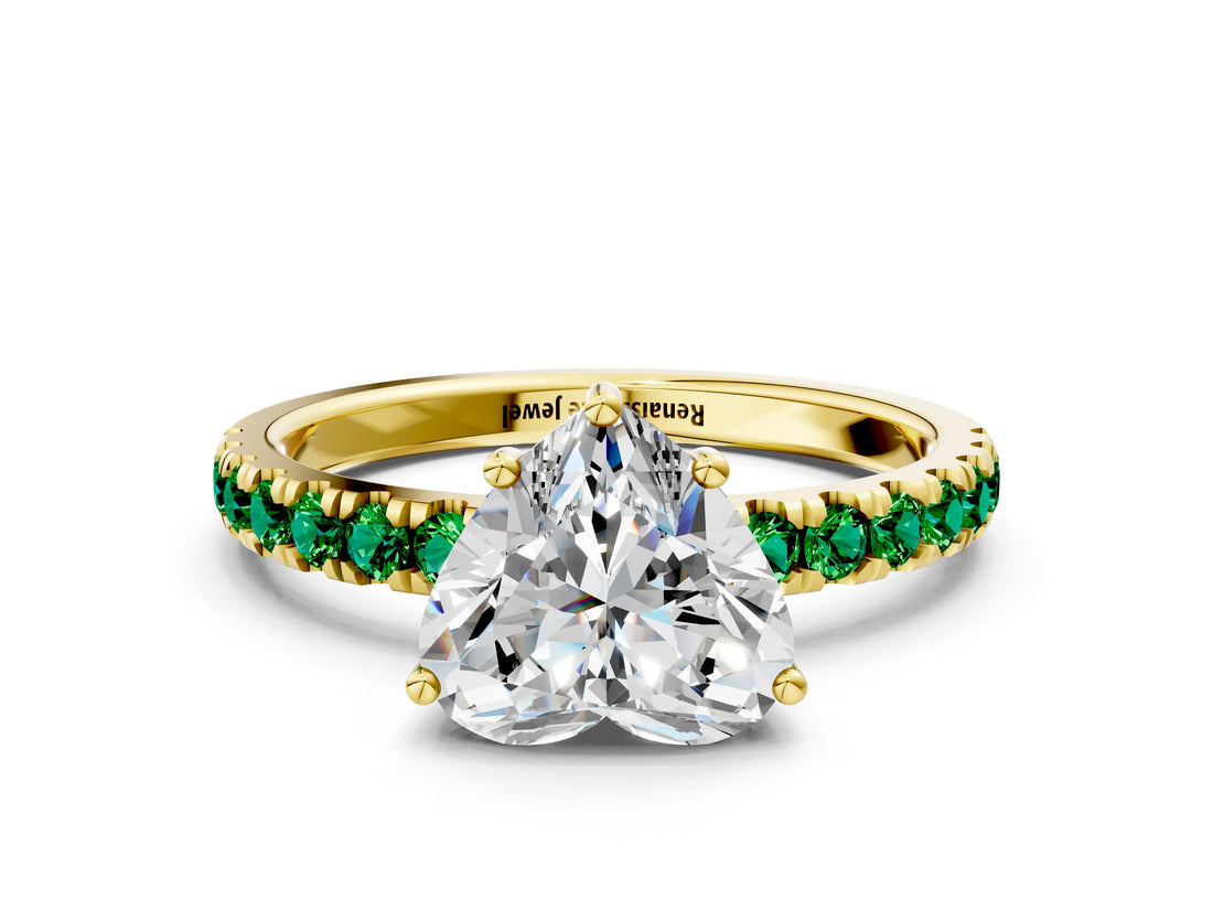 Yellow gold Heart Cut Diamond Pave Band Solitaire Ring with Round with Emerald side stone and Prong Setting