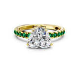 Yellow gold Heart Cut Diamond Pave Band Solitaire Ring with Round with Emerald side stone and Prong Setting
