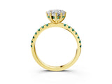 Yellow gold Heart Cut Diamond Pave Band Solitaire Ring with Round with Green Sapphire side stone and Prong Setting_15