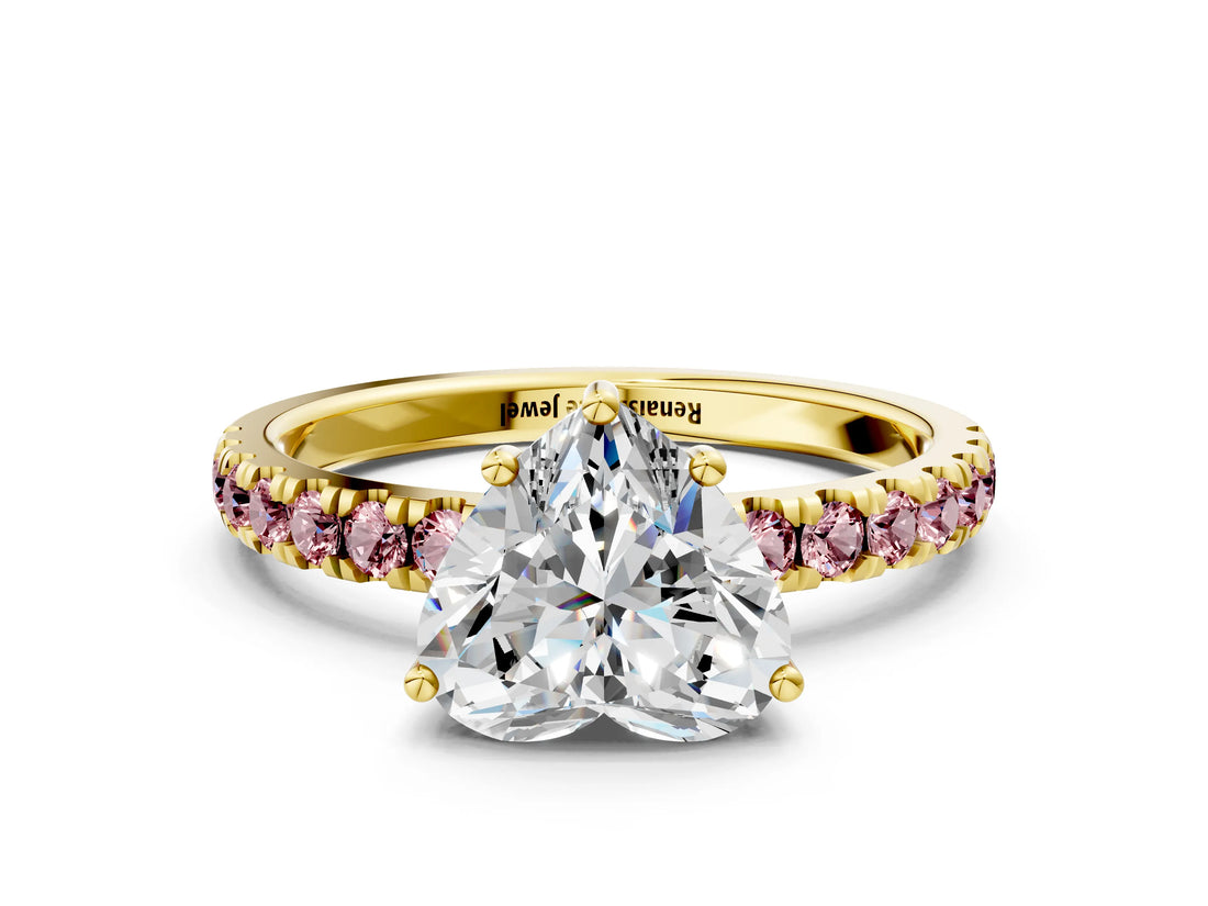 Yellow gold Heart Cut Diamond Pave Band Solitaire Ring with Round with Morganite side stone and Prong Setting_12