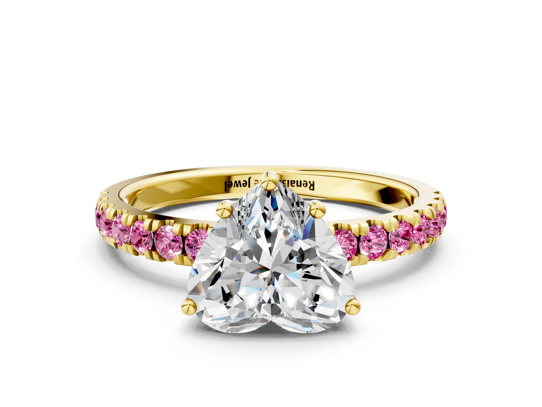 Yellow gold Heart Cut Diamond Pave Band Solitaire Ring with Round with Pink Sapphire side stone and Prong Setting_12