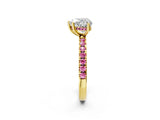 Yellow gold Heart Cut Diamond Pave Band Solitaire Ring with Round with Pink Sapphire side stone and Prong Setting_14