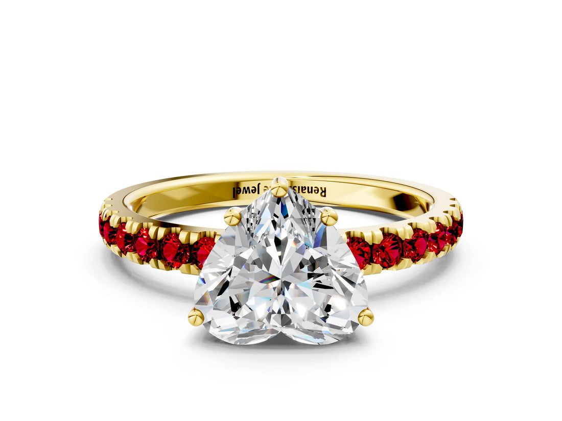 Yellow gold Heart Cut Diamond Pave Band Solitaire Ring with Round with Ruby side stone and Prong Setting_12