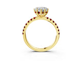 Yellow gold Heart Cut Diamond Pave Band Solitaire Ring with Round with Ruby side stone and Prong Setting_15