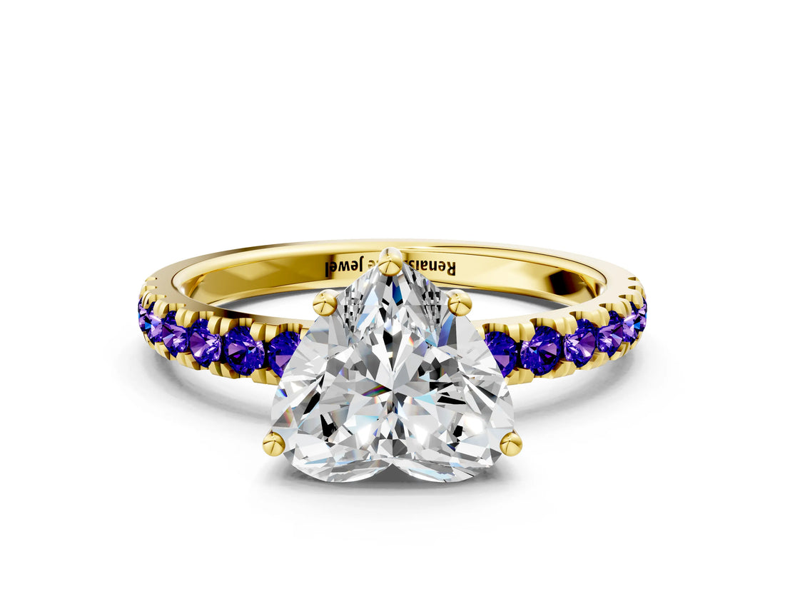 Yellow gold Heart Cut Diamond Pave Band Solitaire Ring with Round with Tanzanite side stone and Prong Setting