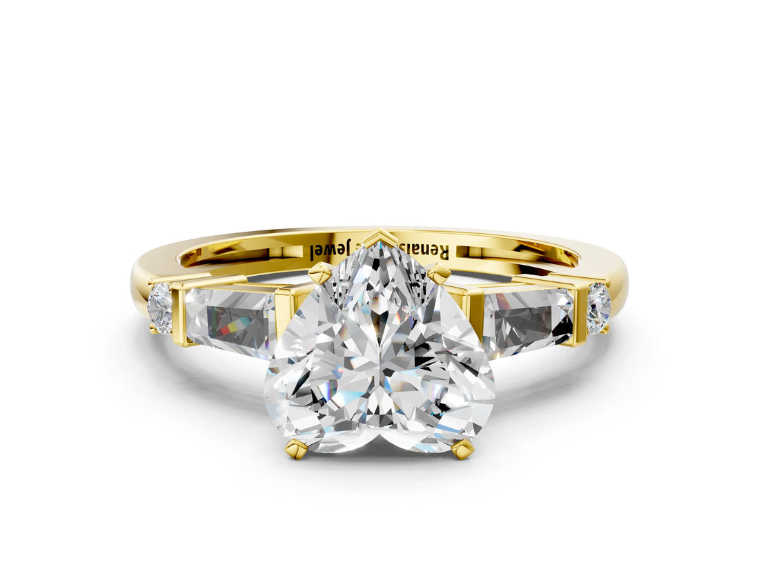 Yellow gold Heart Cut Diamond Ring with Baguette Side Stones, Channel Set Band, and Four-Prong Setting_25