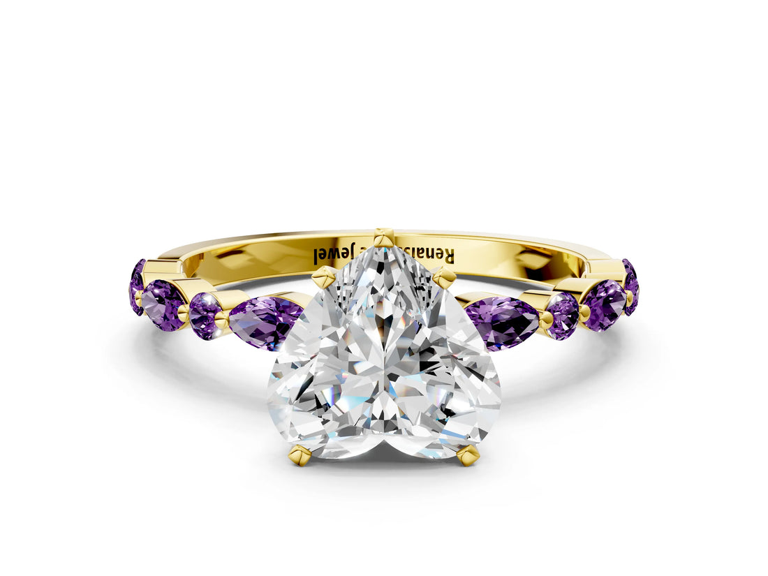 Yellow gold Heart Cut Diamond Ring with Marquise and Round with Amethyst side stone Side Stones and Four-Prong Setting_24
