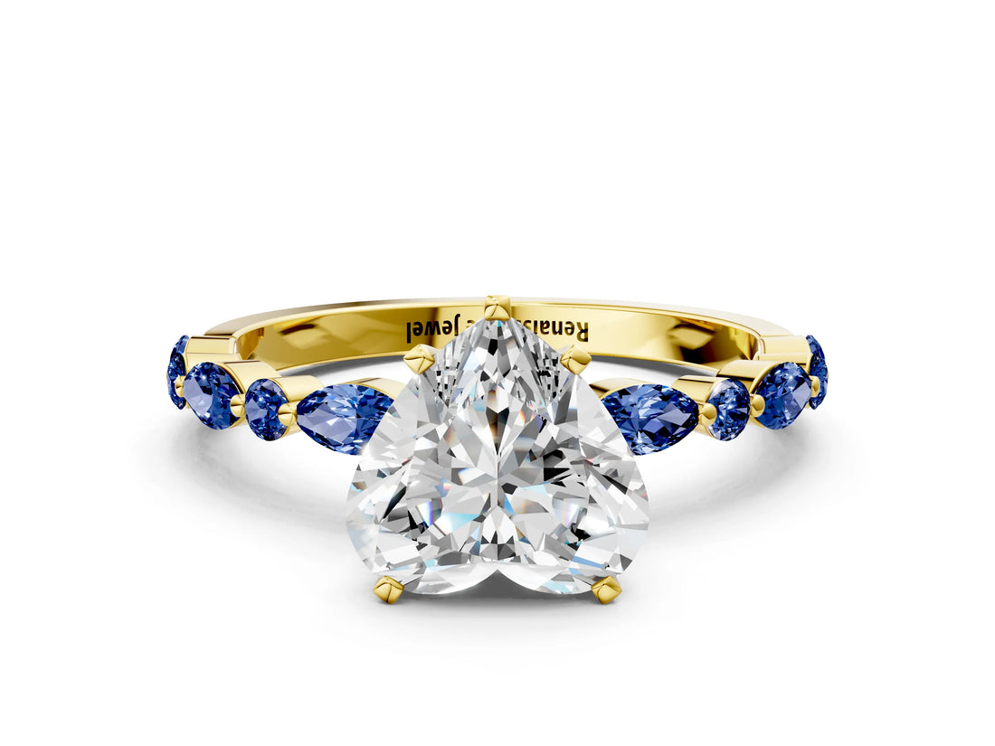 Yellow gold Heart Cut Diamond Ring with Marquise and Round with Blue Sapphire side stone Side Stones and Four-Prong Setting_36