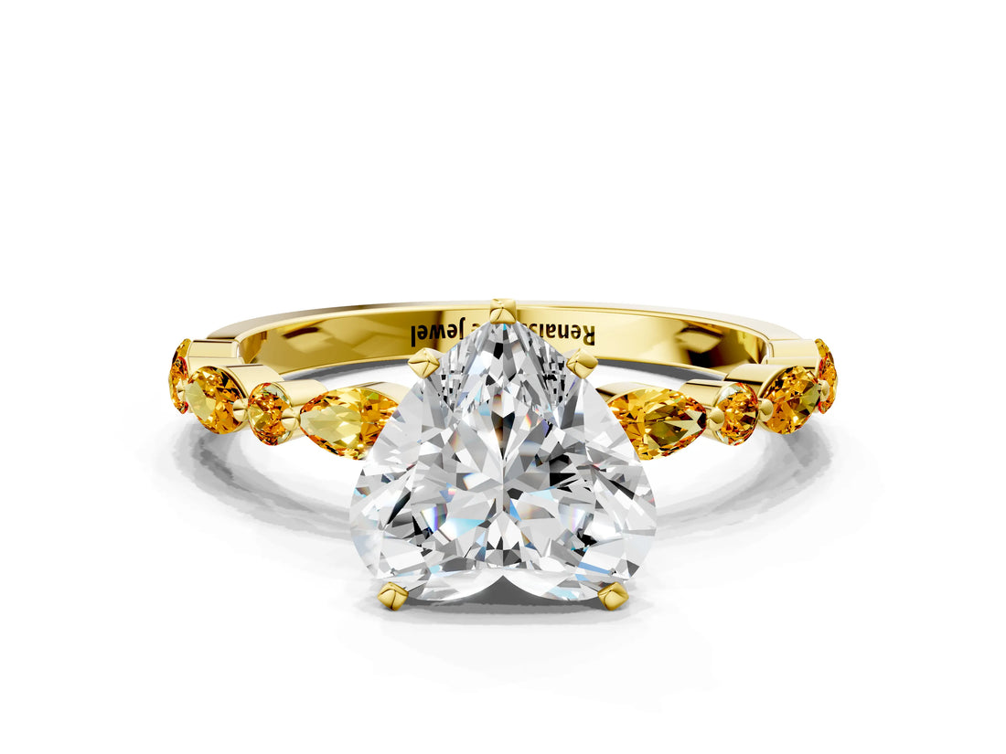 Yellow gold Heart Cut Diamond Ring with Marquise and Round with Citrine side stone Side Stones and Four-Prong Setting_12