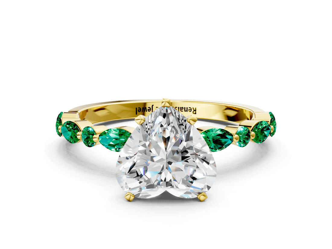 Yellow gold Heart Cut Diamond Ring with Marquise and Round with Emerald side stone Side Stones and Four-Prong Setting_48