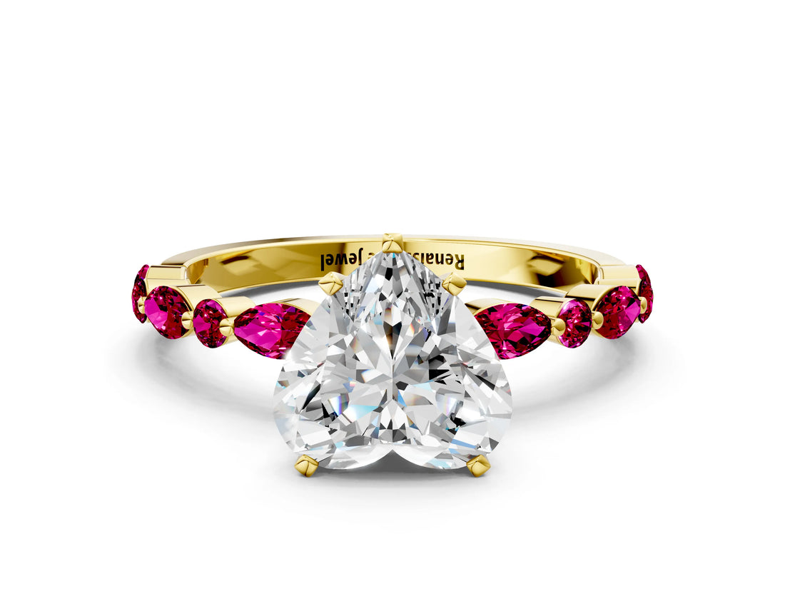 Yellow gold Heart Cut Diamond Ring with Marquise and Round with Garnet side stone Side Stones and Four-Prong Setting_24