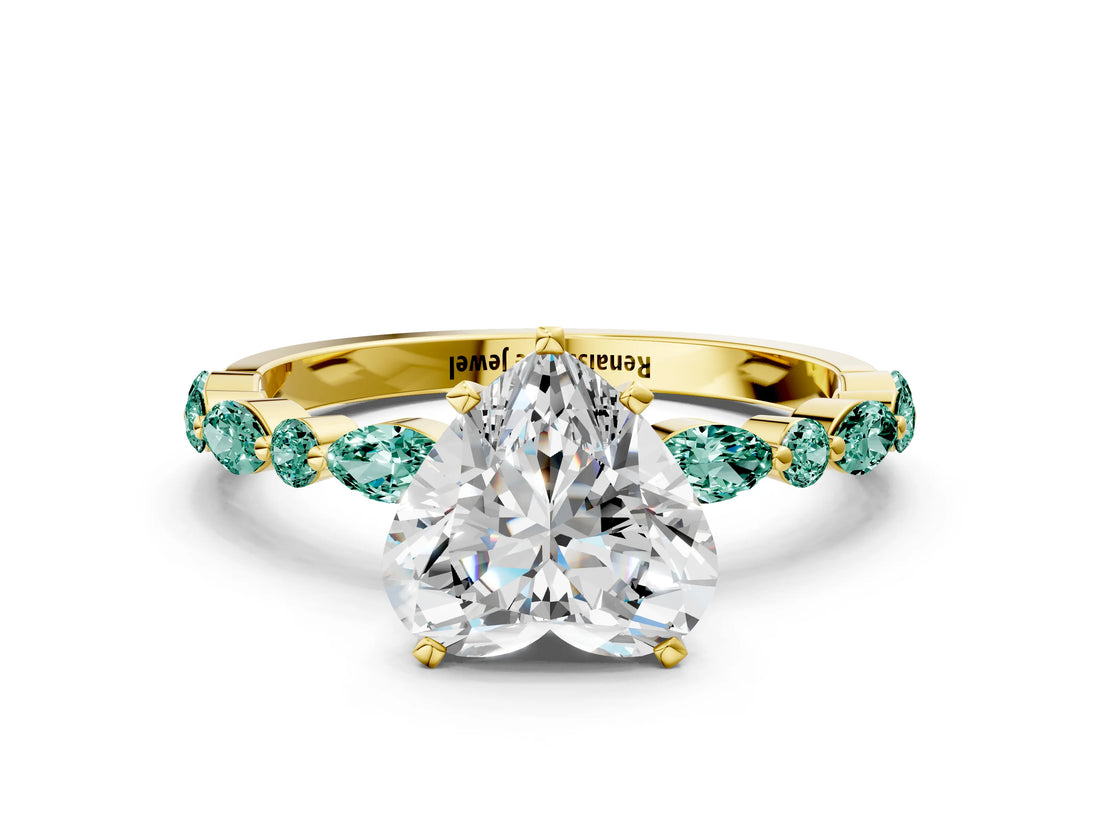 Yellow gold Heart Cut Diamond Ring with Marquise and Round with Green Sapphire side stone Side Stones and Four-Prong Setting_12
