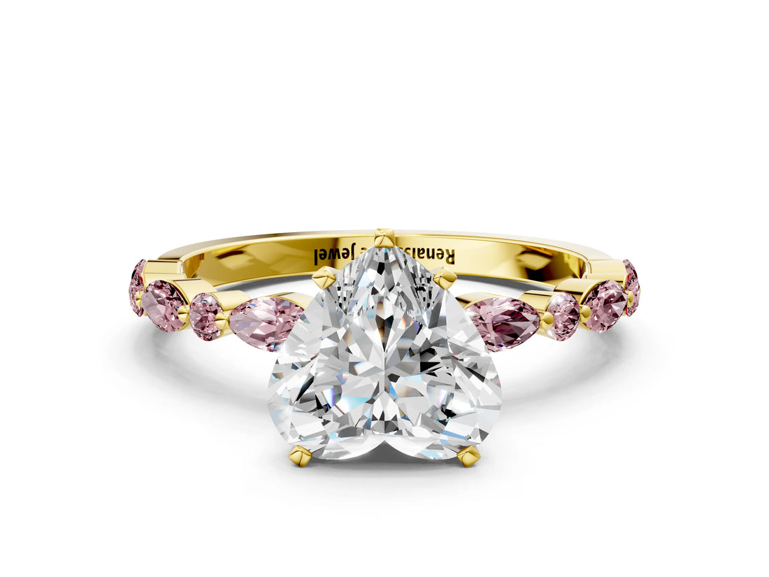 Yellow gold Heart Cut Diamond Ring with Marquise and Round with Morganite side stone Side Stones and Four-Prong Setting_24