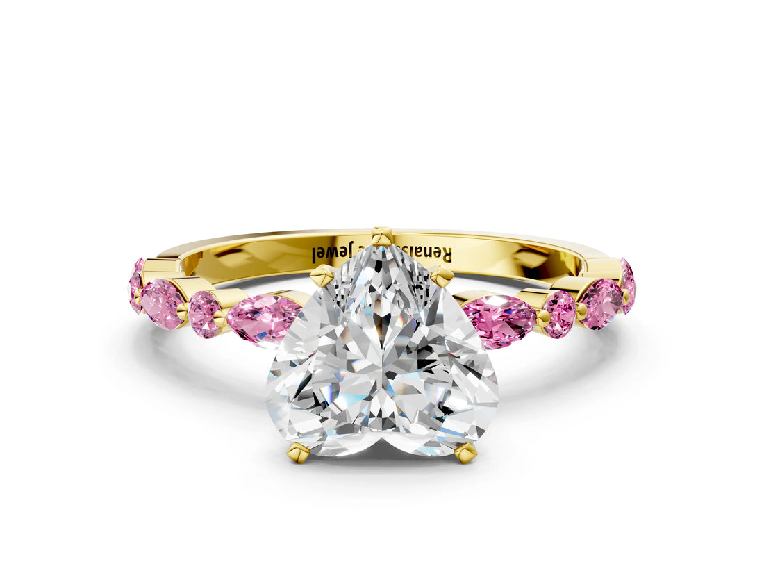 Yellow gold Heart Cut Diamond Ring with Marquise and Round with Pink Sapphire side stone Side Stones and Four-Prong Setting_12