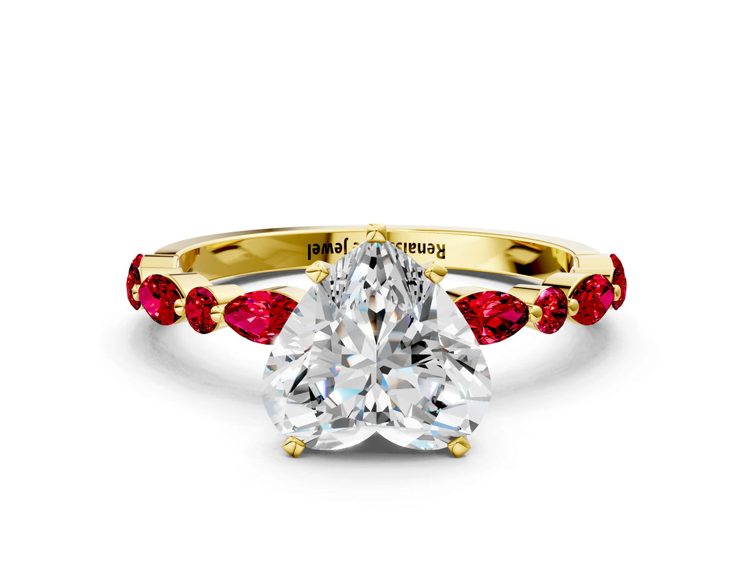 Yellow gold Heart Cut Diamond Ring with Marquise and Round with Ruby side stone Side Stones and Four-Prong Setting_24
