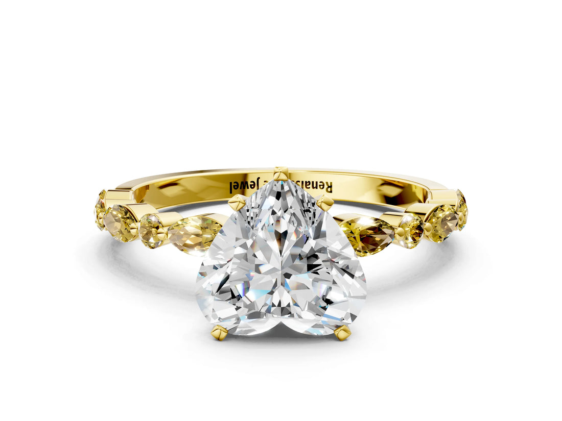 Yellow gold Heart Cut Diamond Ring with Marquise and Round with Yellow Sapphire side stone Side Stones and Four-Prong Setting_24