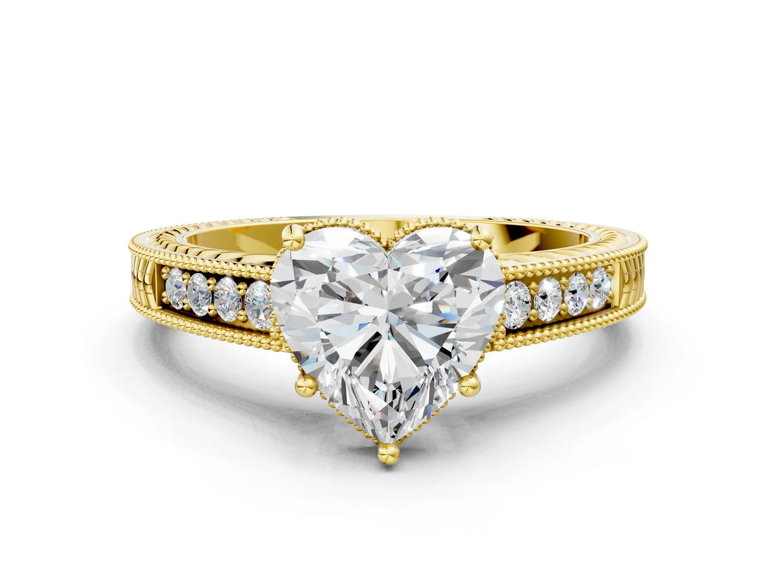 Yellow gold Heart Cut Diamond Ring with Milgrain Pavé Band and Four-Prong Setting_24