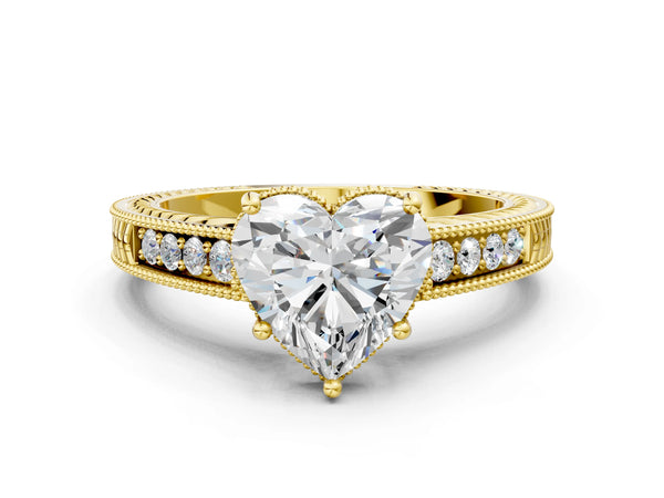 Yellow gold Heart Cut Diamond Ring with Milgrain Pavé Band and Four-Prong Setting