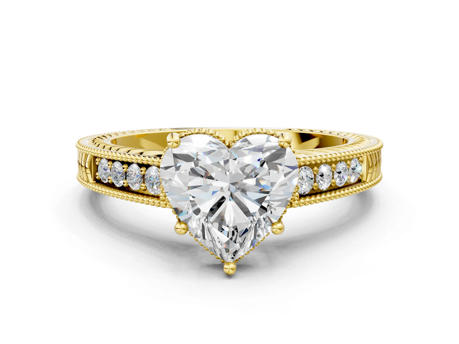 Yellow gold Heart Cut Diamond Ring with Milgrain Pavé Band and Four-Prong Setting