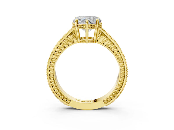 Yellow gold Heart Cut Diamond Ring with Milgrain Pavé Band and Four-Prong Setting