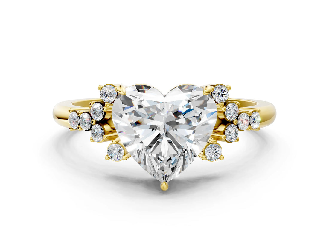 Yellow gold Heart Cut Diamond Ring with Side Stones and Four-Prong Setting_101