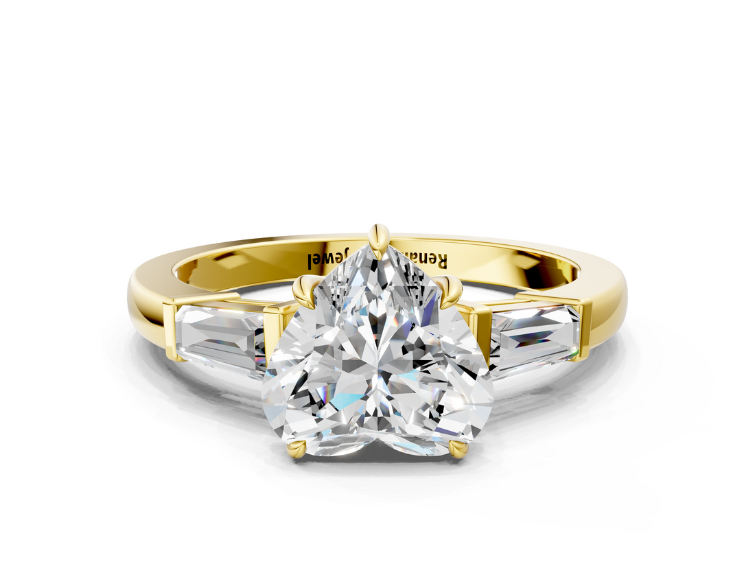 Yellow gold Heart Cut Diamond Ring with Tapered Baguette Side Stones in Four-Prong Setting_15
