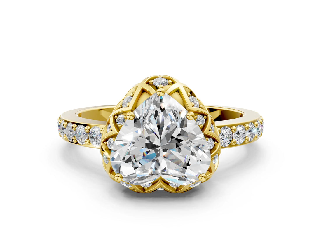 Yellow gold Heart Cut Diamond Scalloped Halo Engagement Ring with Round Shared Prong Band_12