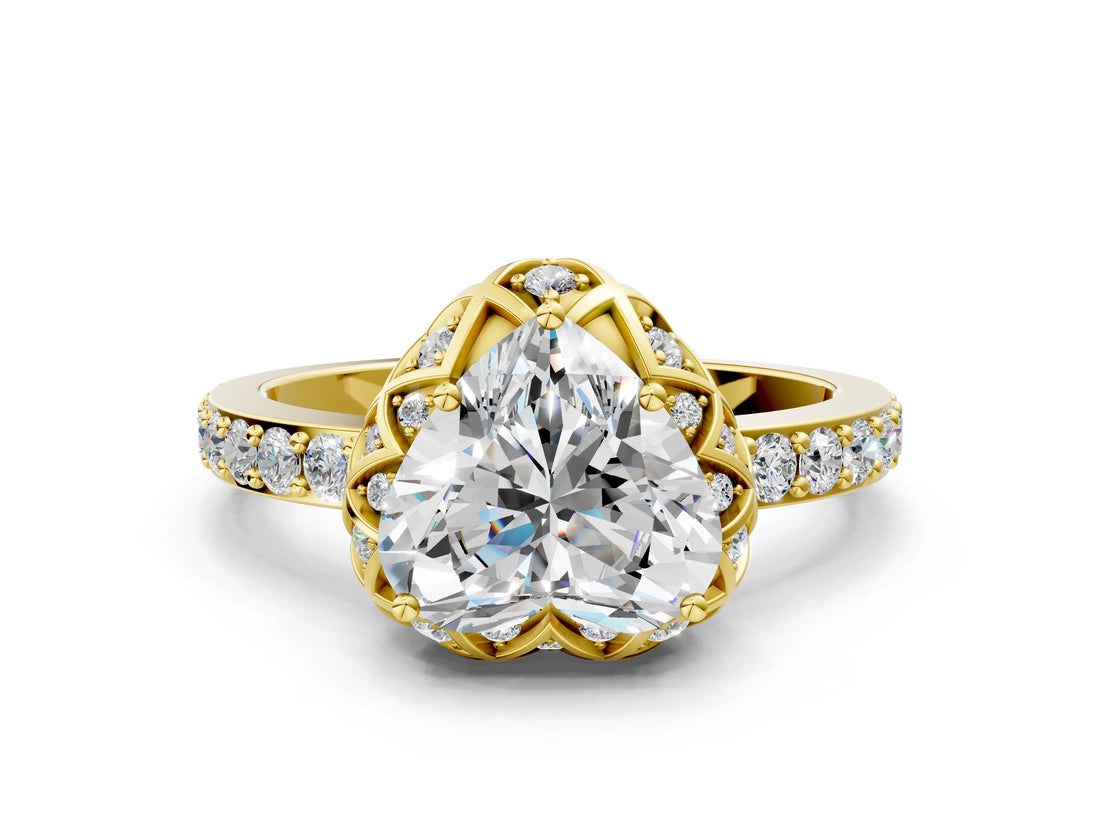 Yellow gold Heart Cut Diamond Scalloped Halo Engagement Ring with Round Shared Prong Band_24