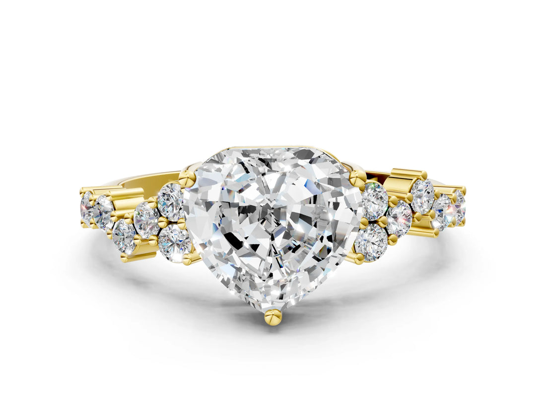 Yellow gold Heart Cut Diamond Scattered Round Accent Ring with Prong Setting_12