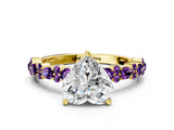 Yellow gold Heart Cut Diamond Side Stone Solitaire Ring with Round with Amethyst side stone and Four-Prong Setting