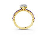 Yellow gold Heart Cut Diamond Side Stone Solitaire Ring with Round with Amethyst side stone and Four-Prong Setting_3