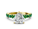 Yellow gold Heart Cut Diamond Side Stone Solitaire Ring with Round with Emerald side stone and Four-Prong Setting