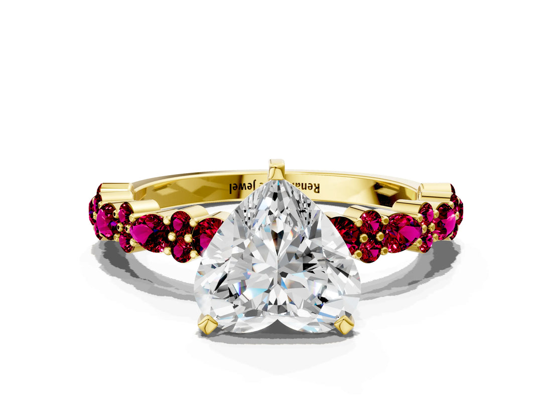Yellow gold Heart Cut Diamond Side Stone Solitaire Ring with Round with Garnet side stone and Four-Prong Setting_24