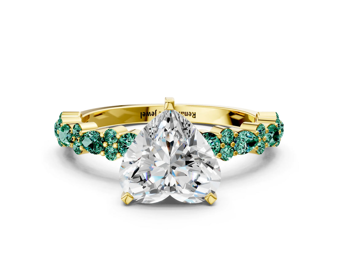 Yellow gold Heart Cut Diamond Side Stone Solitaire Ring with Round with Green Sapphire side stone and Four-Prong Setting
