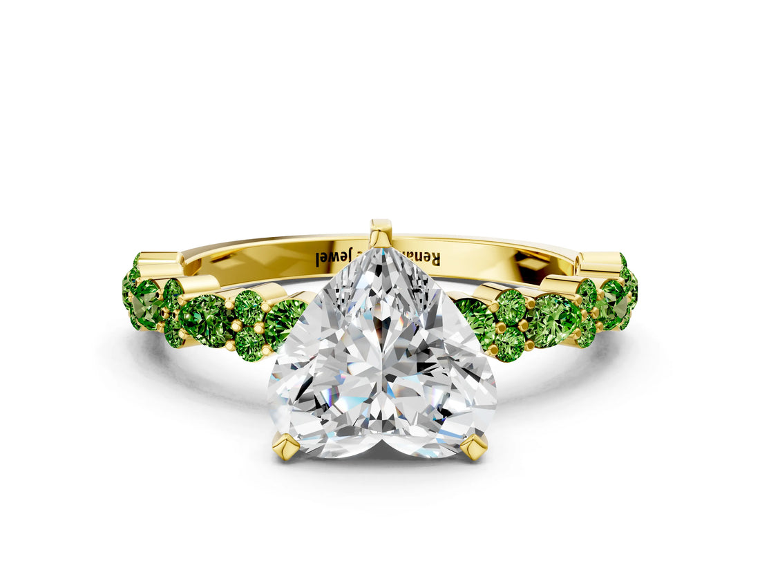 Yellow gold Heart Cut Diamond Side Stone Solitaire Ring with Round with Peridot side stone and Four-Prong Setting