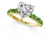 Yellow gold Heart Cut Diamond Side Stone Solitaire Ring with Round with Peridot side stone and Four-Prong Setting_1