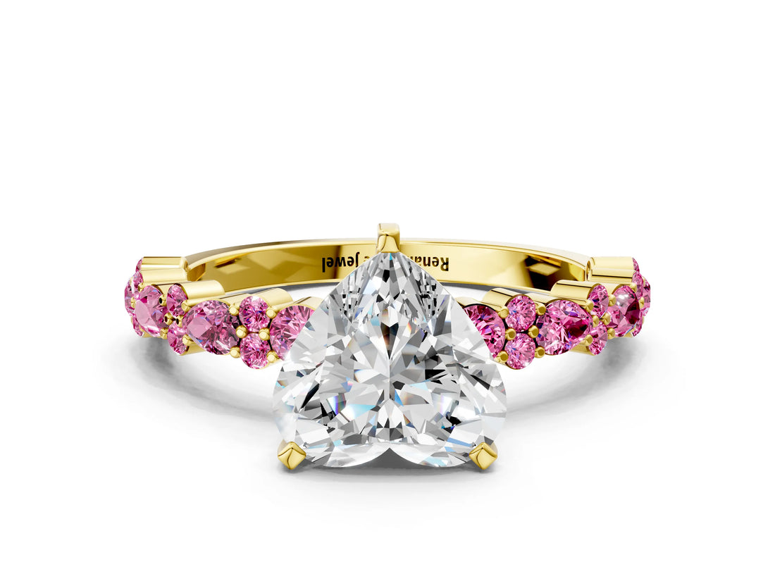 Yellow gold Heart Cut Diamond Side Stone Solitaire Ring with Round with Pink Sapphire side stone and Four-Prong Setting