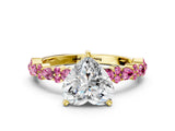 Yellow gold Heart Cut Diamond Side Stone Solitaire Ring with Round with Pink Sapphire side stone and Four-Prong Setting