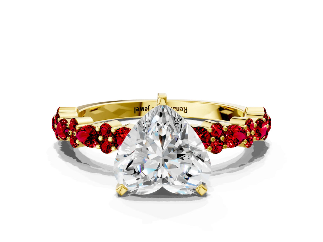 Yellow gold Heart Cut Diamond Side Stone Solitaire Ring with Round with Ruby side stone and Four-Prong Setting_19