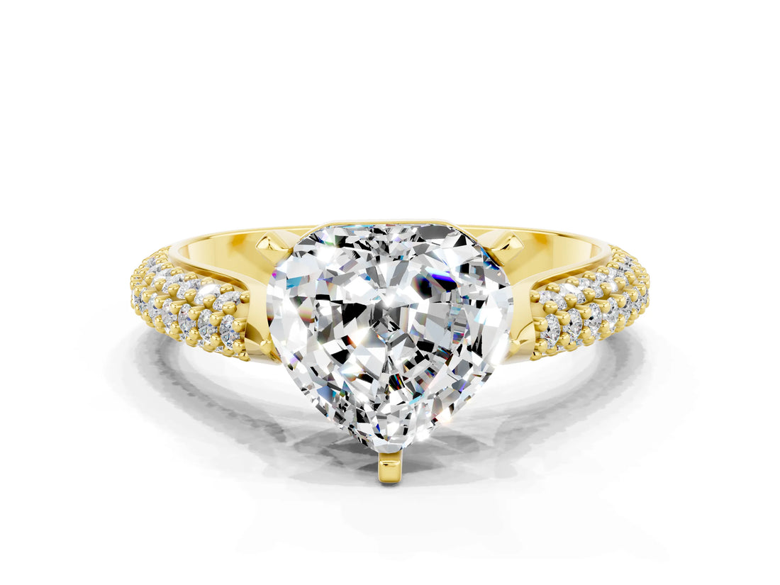Yellow gold Heart Cut Diamond Solitaire Engagement Ring with Pavé Band and Four-Prong Setting