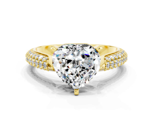 Yellow gold Heart Cut Moissanite Solitaire Engagement Ring with Multi-Row Round Pavé Band and Prong Setting