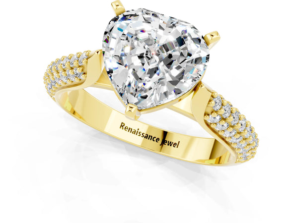 Yellow gold Heart Cut Moissanite Solitaire Engagement Ring with Multi-Row Round Pavé Band and Prong Setting
