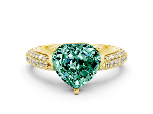 Yellow gold Heart Cut Green Sapphire Solitaire Engagement Ring with Multi-Row Round Pavé Band and Prong Setting