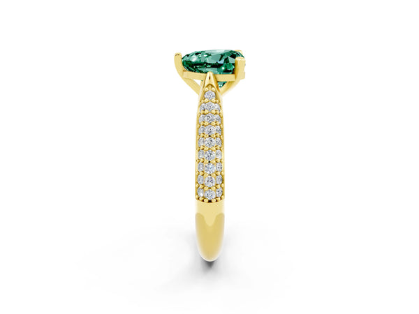 Yellow gold Heart Cut Green Sapphire Solitaire Engagement Ring with Multi-Row Round Pavé Band and Prong Setting