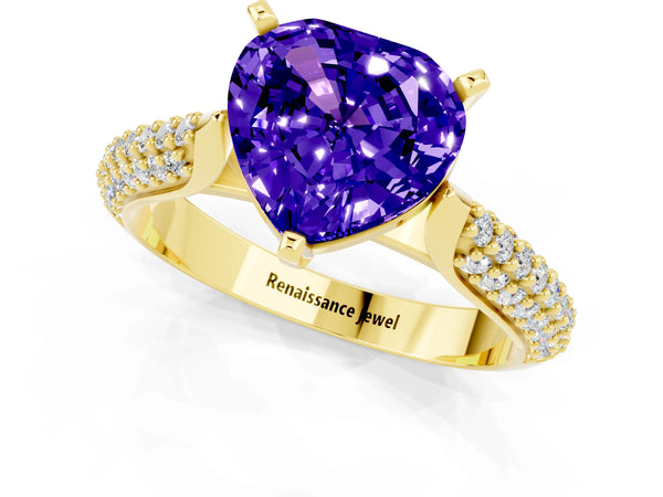 Yellow gold Heart Cut Tanzanite Solitaire Engagement Ring with Multi-Row Round Pavé Band and Prong Setting