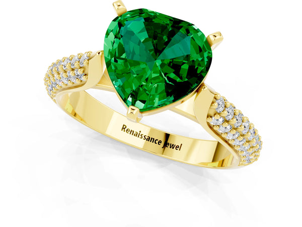 Yellow gold Heart Cut Emerald Solitaire Engagement Ring with Multi-Row Round Pavé Band and Prong Setting
