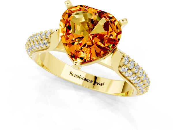 Yellow gold Heart Cut Citrine Solitaire Engagement Ring with Multi-Row Round Pavé Band and Prong Setting
