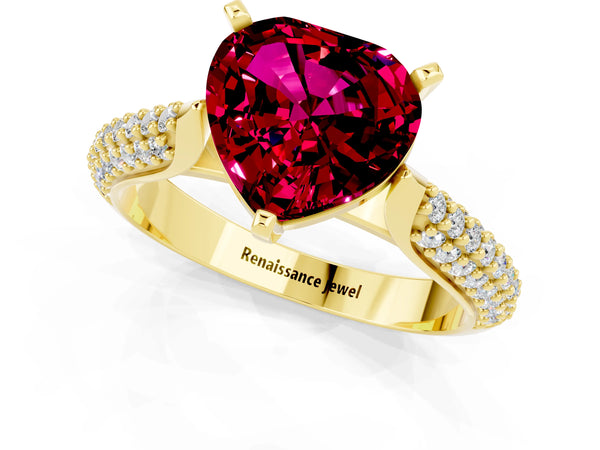 Yellow gold Heart Cut Garnet Solitaire Engagement Ring with Multi-Row Round Pavé Band and Prong Setting